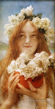 サー・ローレンス・アルマ・タデマ Painting - 夏に捧げる薔薇を持つ少女 ロマンチックなサー・ローレンス アルマ・タデマ